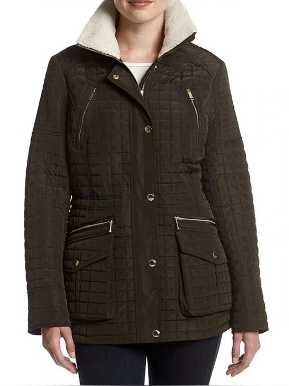 Michael Kors Quilted Puffer Jacket with Sherpa Collar - Olive